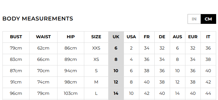 Body measurements chart for clothing sizes with bust, waist, and hip dimensions.
