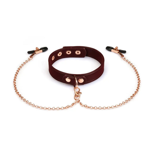 Plush Velour Metallic Burgundy Collar with Nipple Clamps