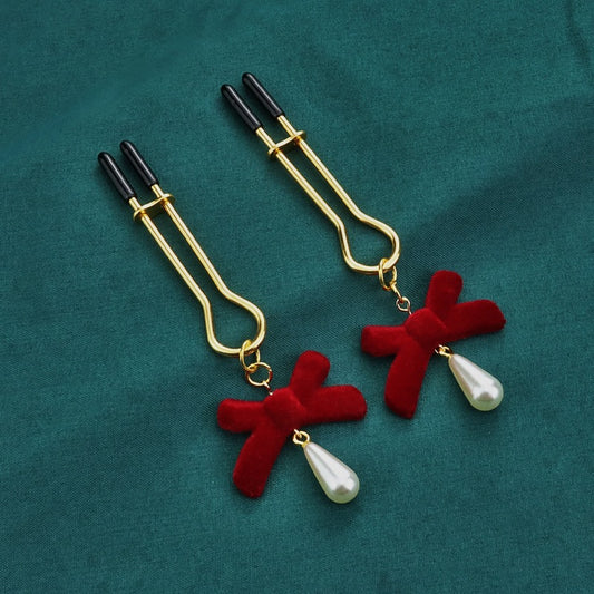 Red Bow And Teardrop Tweezer Nipple Clamps
