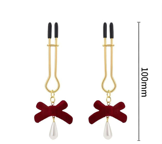 Red Bow And Teardrop Tweezer Nipple Clamps