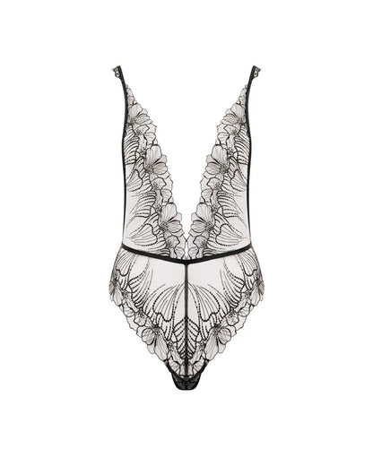 Amarosa Floral Embroidered Ouvert Bodysuit Black
