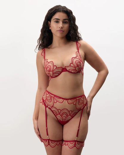 Soraya Sheer Embroidered Thong Savvy Red