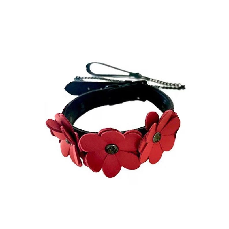 Scarlet Blossom Leather Collar and Leash
