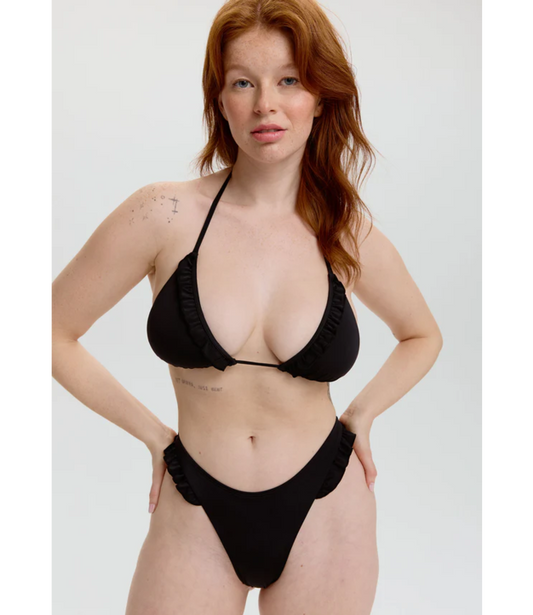 Cora Ruffle Thong Bikini Bottom Black