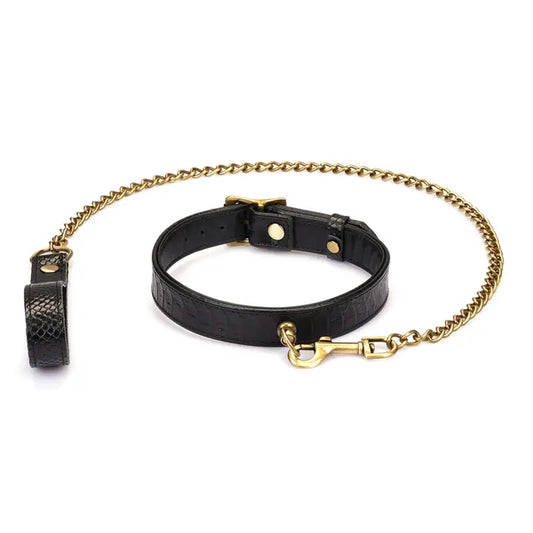 Crocodile Noir Leather Collar with Chain Leash