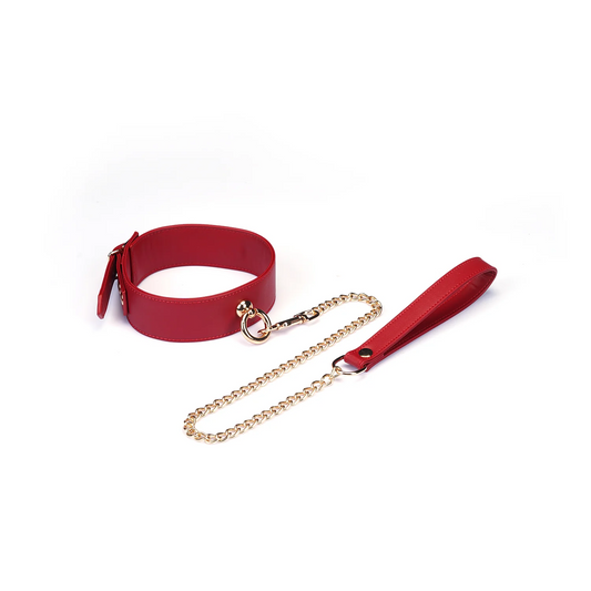 Red Vegan Leather Collar with Leash