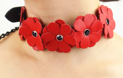 Scarlet Blossom Leather Collar and Leash