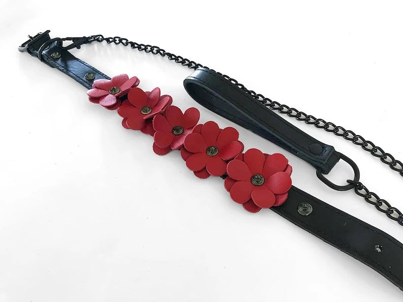 Scarlet Blossom Leather Collar and Leash